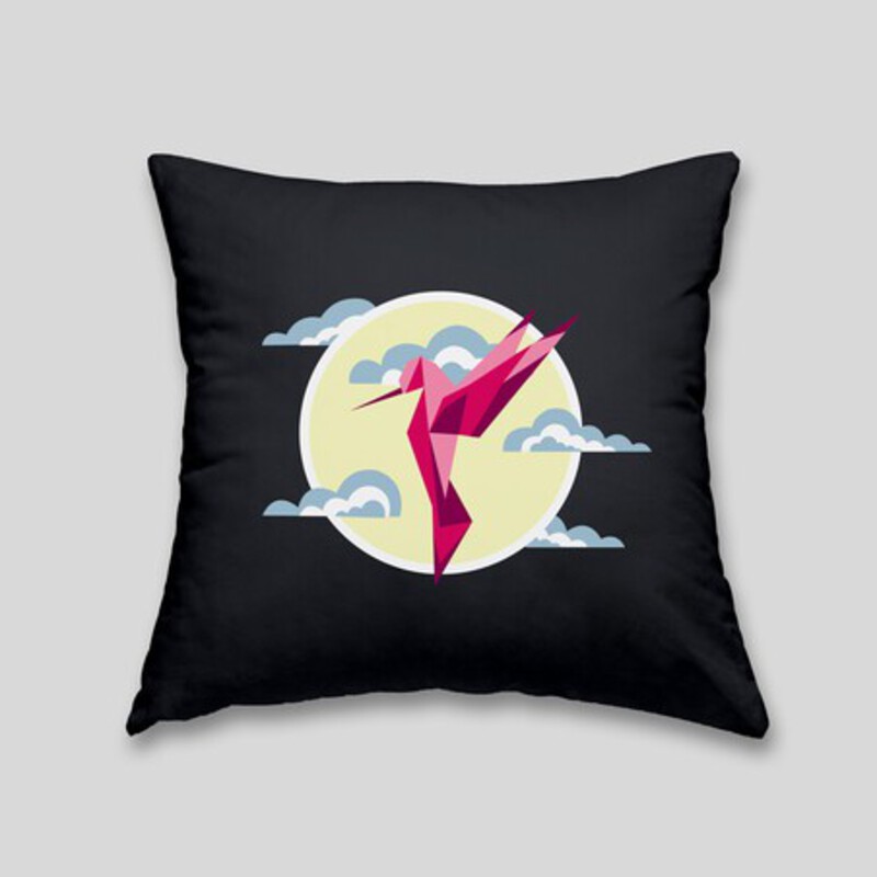 Hummingbird cushion featuring a vibrant design of a bird against a moonlit backdrop with whimsical clouds. Perfect for home deco