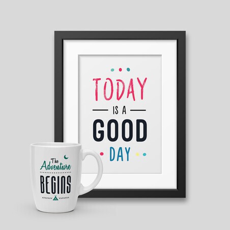 Pack of a cheerful mug and framed poster combination for an uplifting start to your day. Perfect for home or office decor.